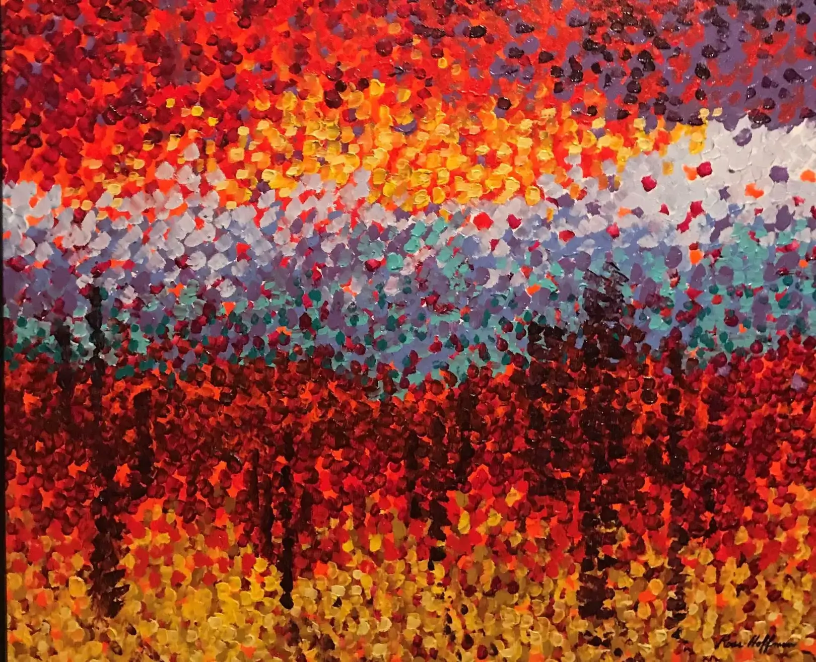 Abstract painting with vibrant red, orange, and yellow hues blending into a textured pattern.