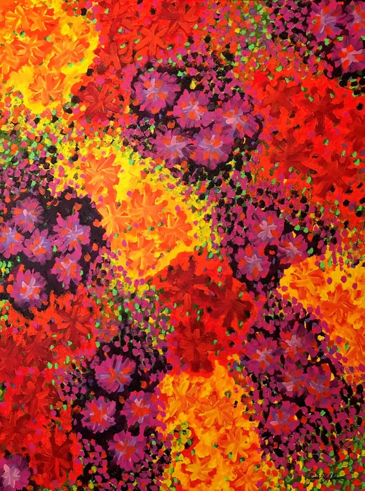 Abstract floral pattern with vibrant red, orange, yellow, and purple hues.