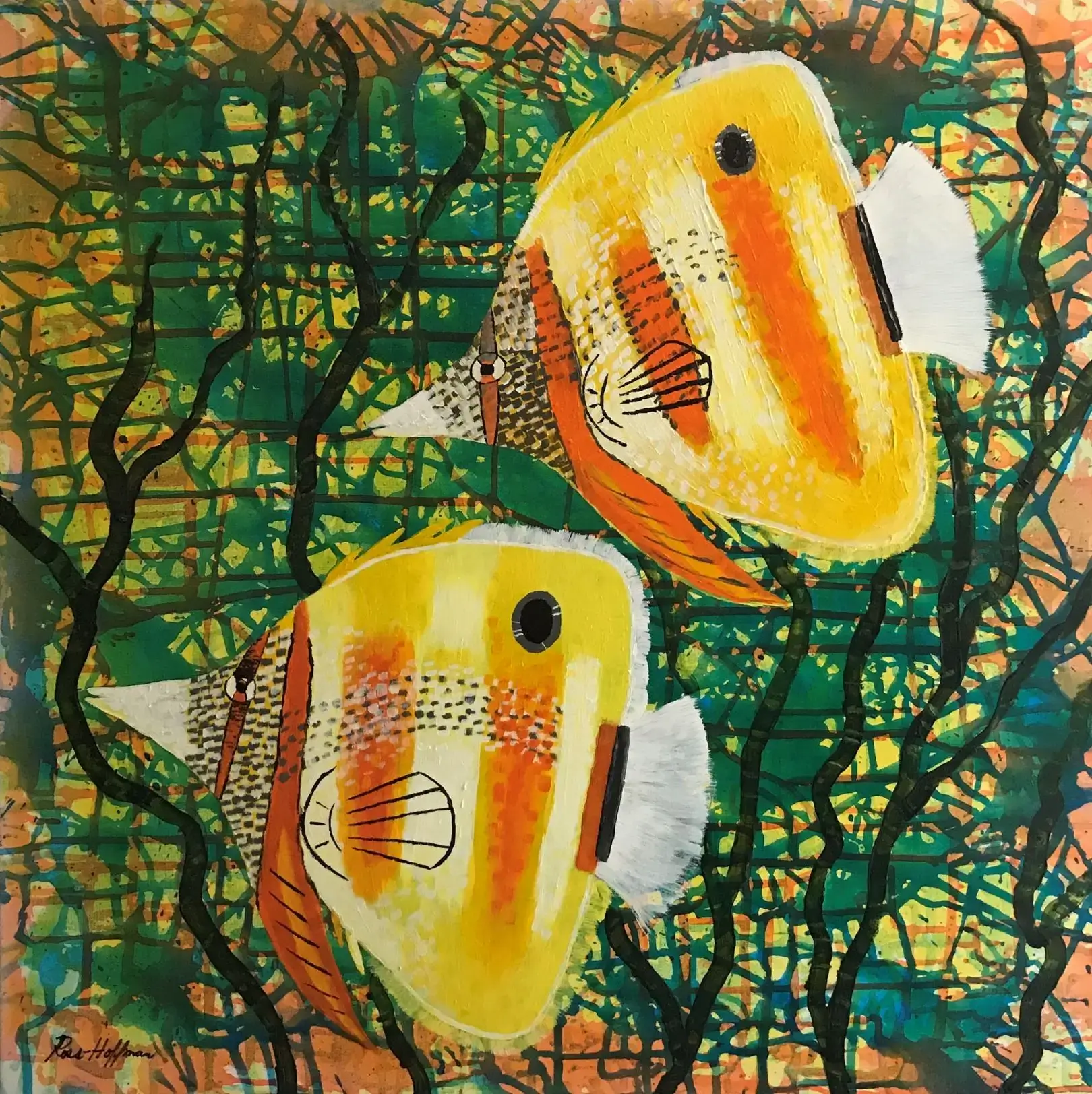 Two yellow and white tropical fish swimming among blue seaweed.