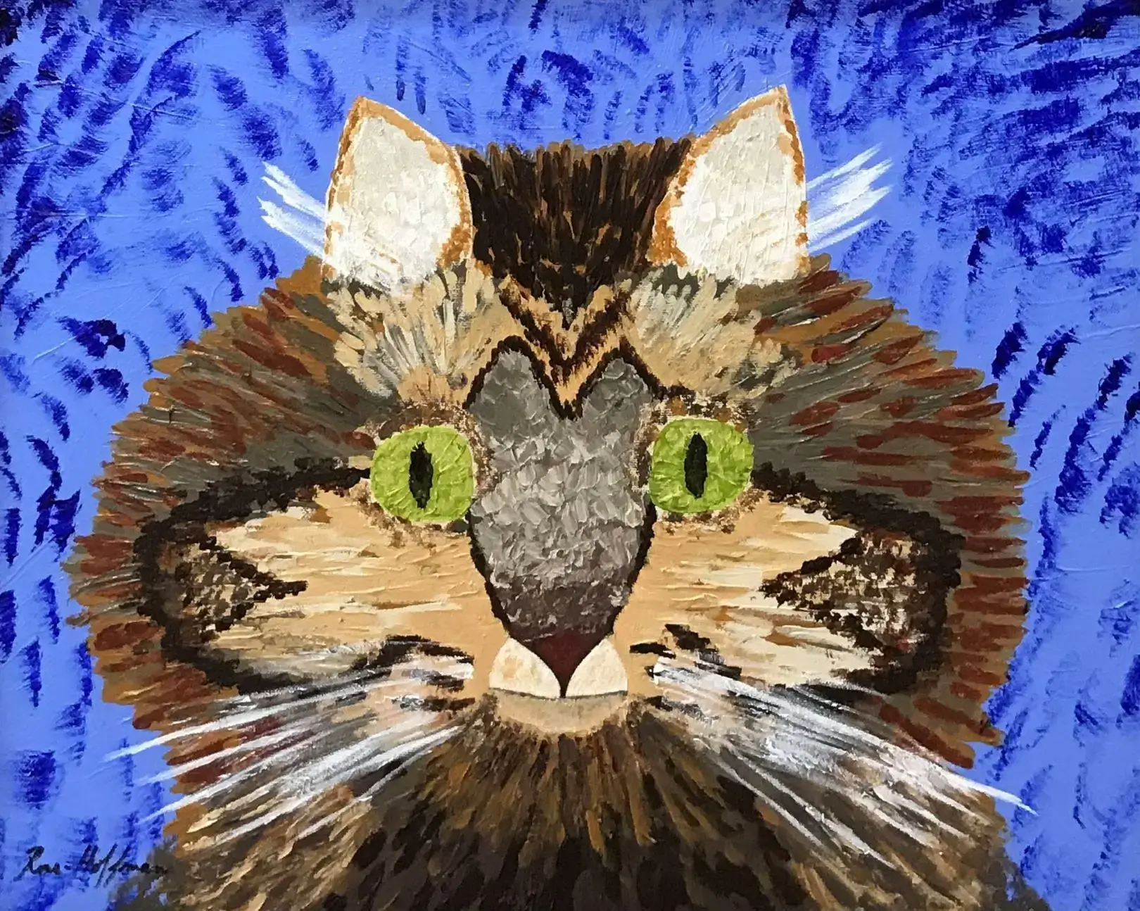 Close-up of a cat face with striking green eyes and detailed fur.