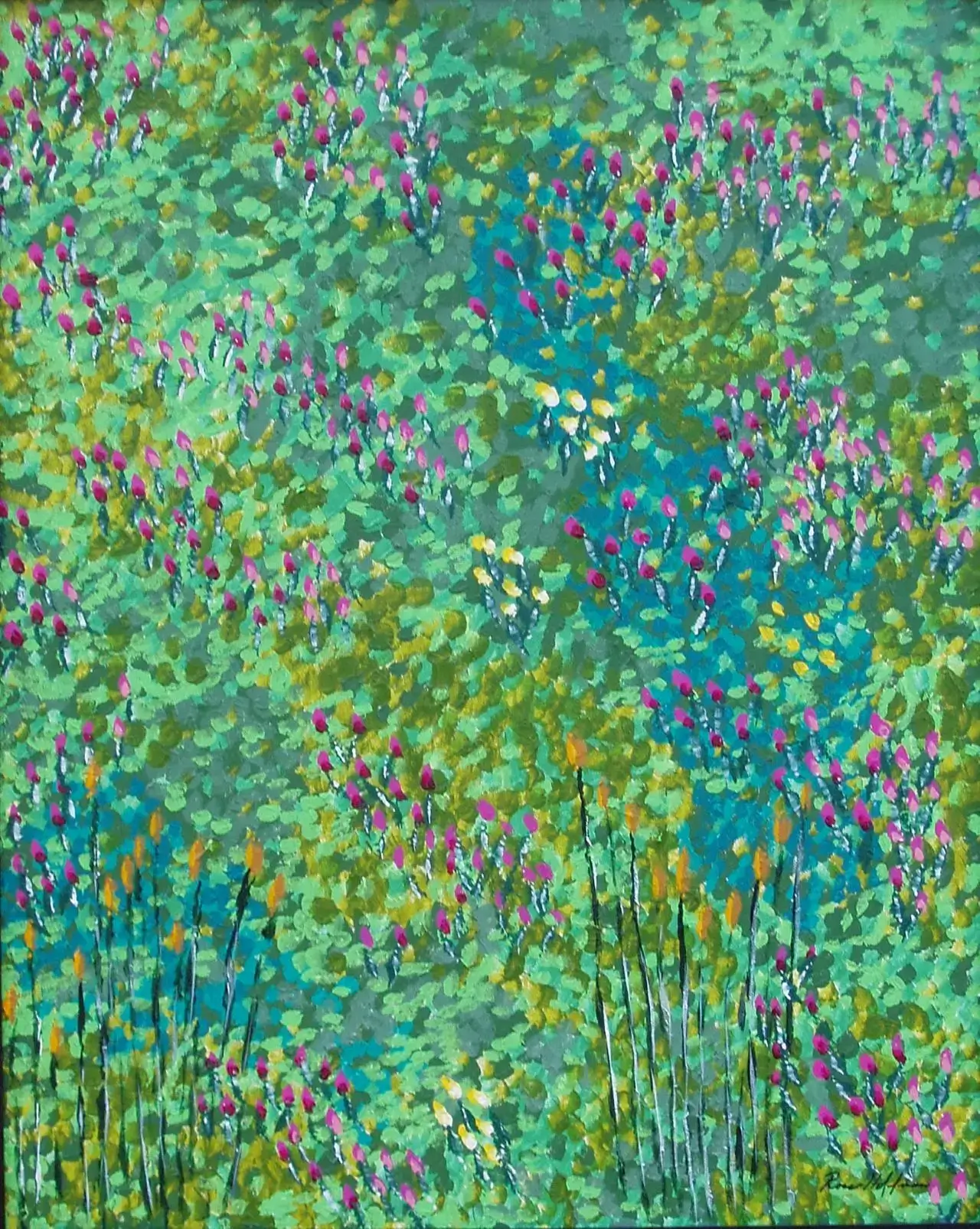 Abstract painting with vibrant greens, blues, and dashes of purple and yellow.