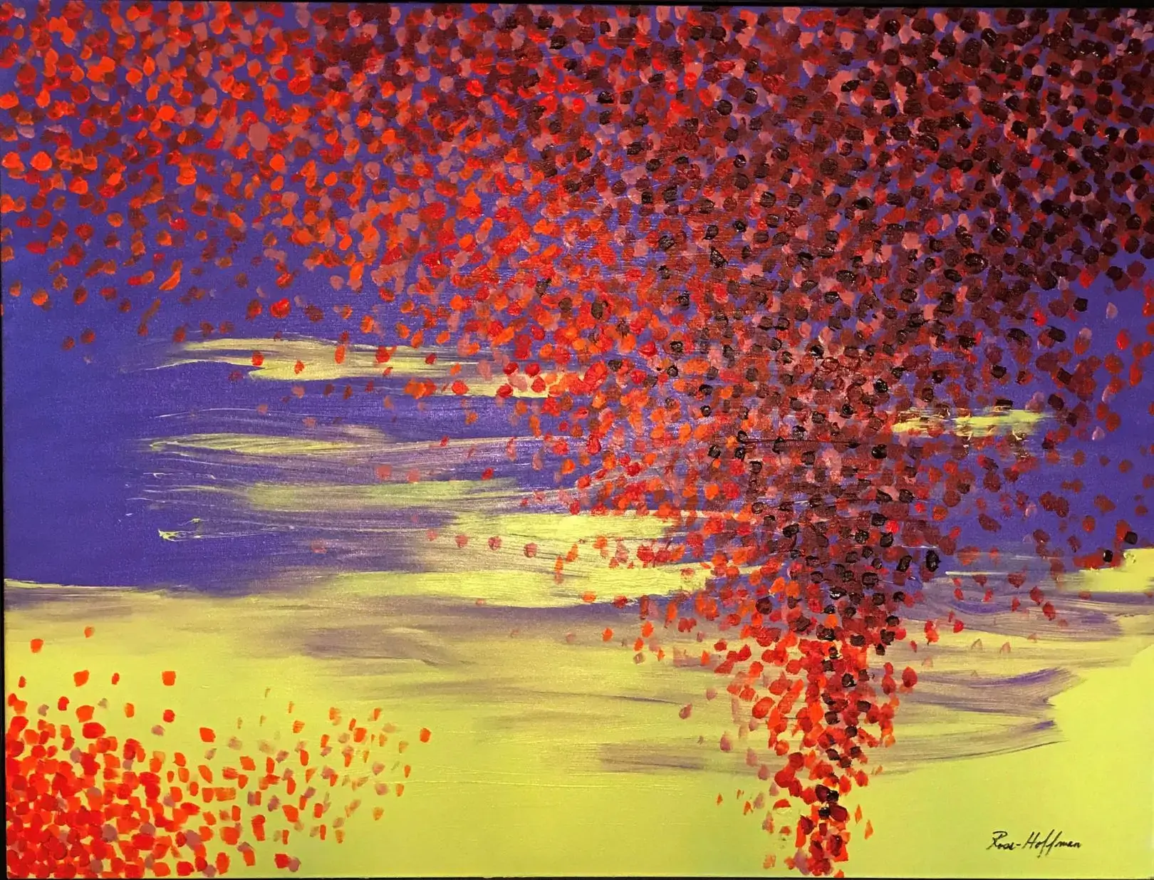 A vibrant tornado made of red leaves swirls against a colorful sky.