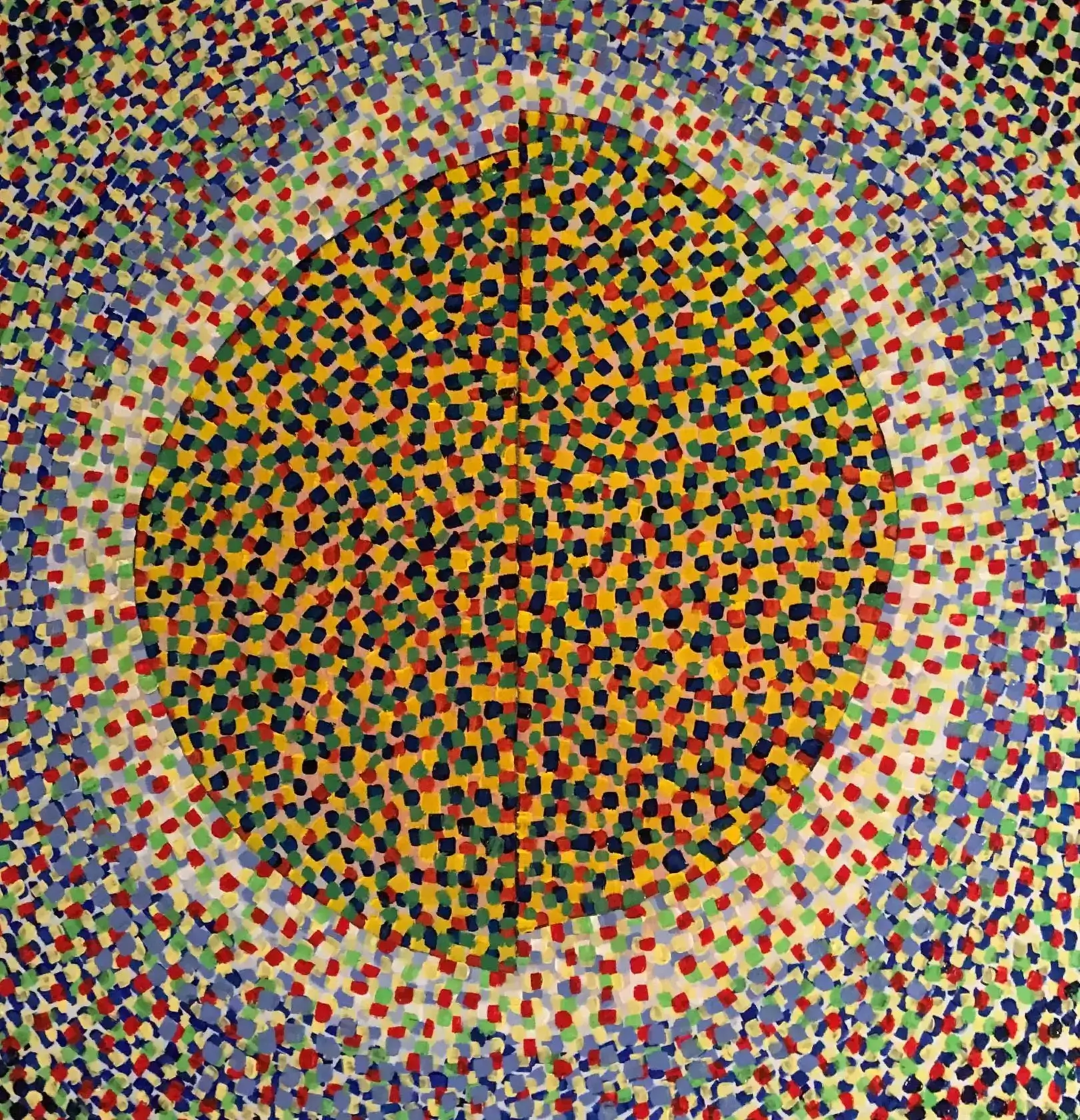 Pointillist painting featuring a large circular shape with vibrant colors.
