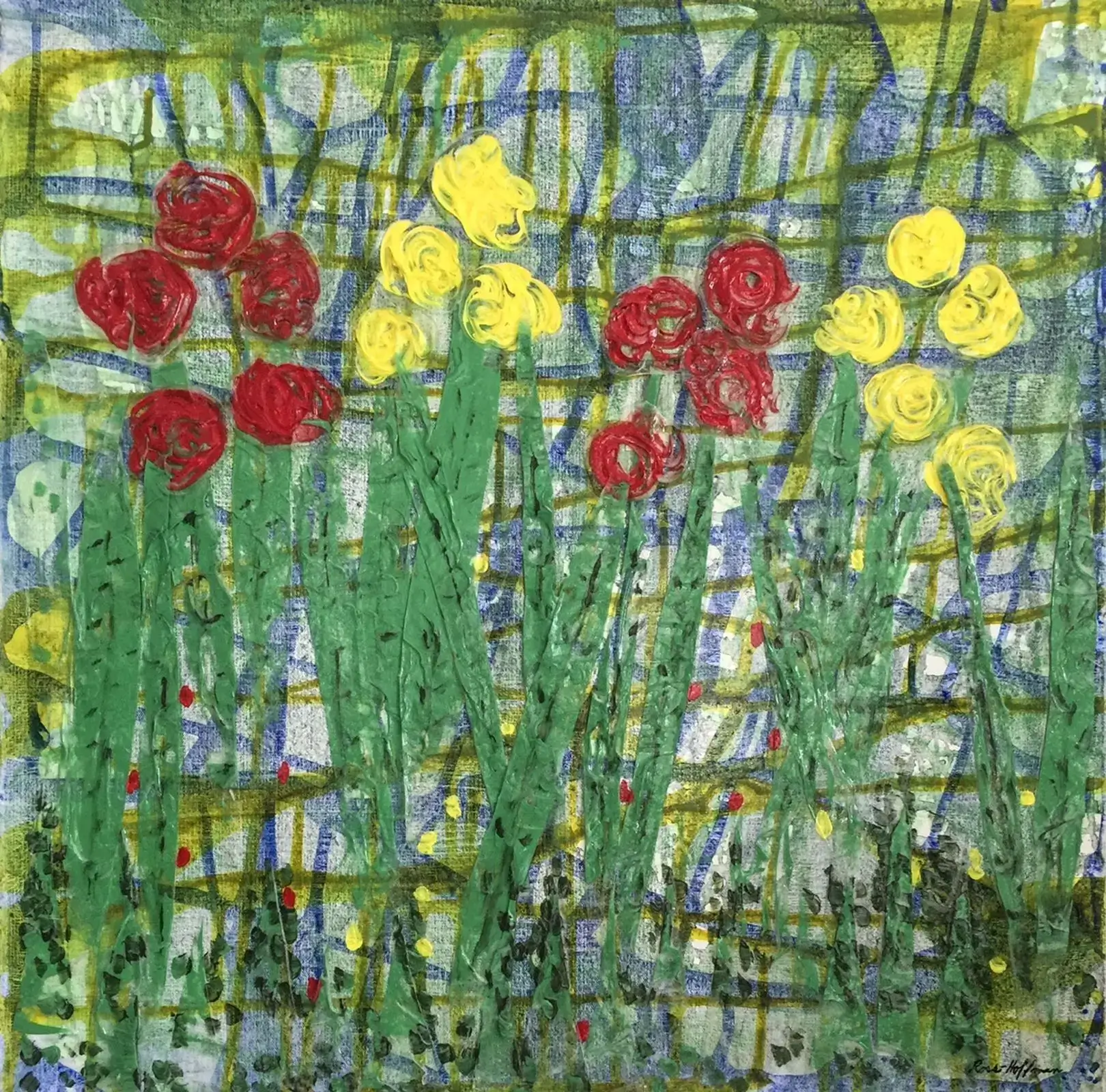 Abstract painting of red and yellow flowers with green stems on a textured background.